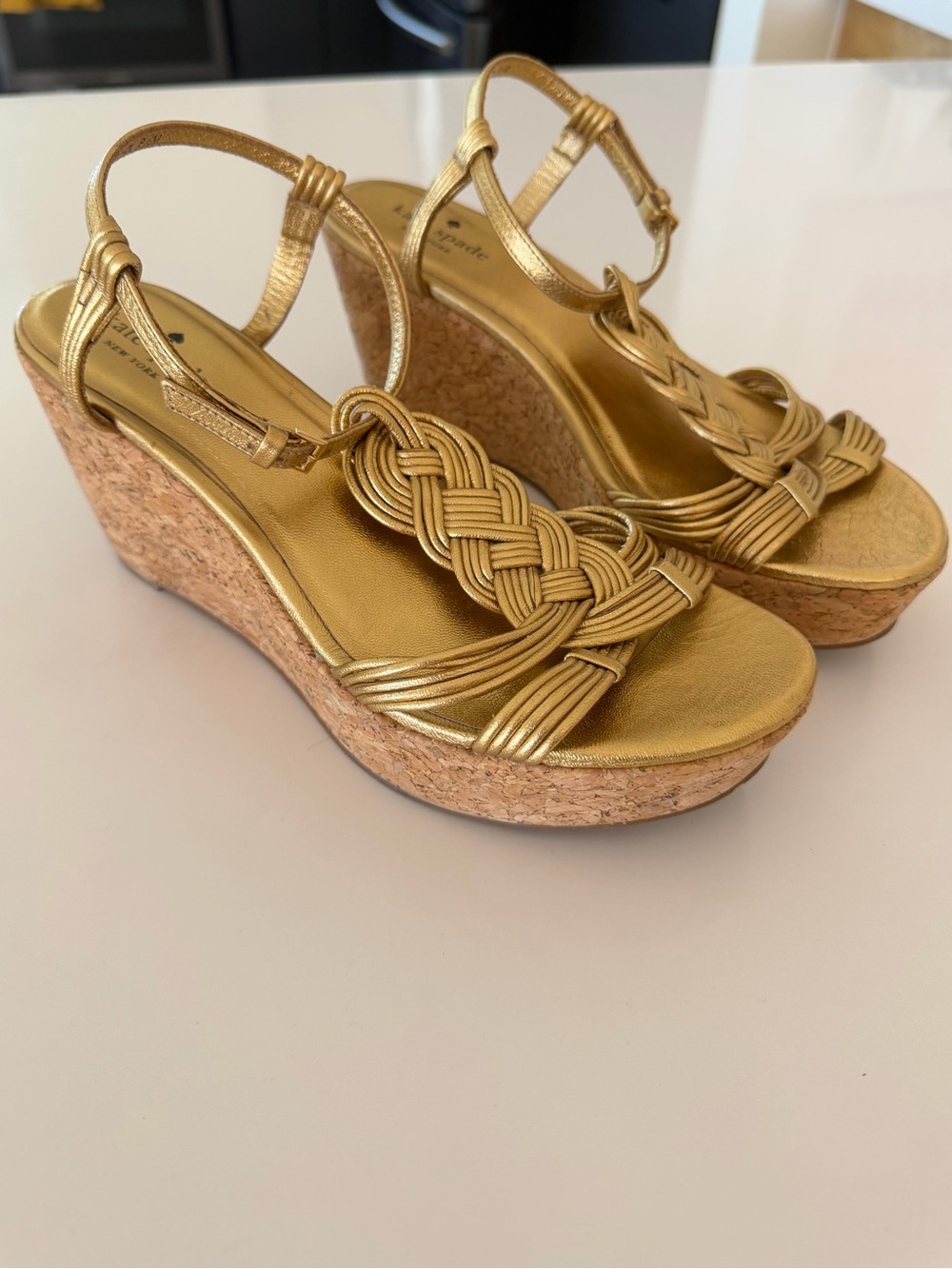 Kate Spade “Becca” wedges.  Gold Braided Cork Wedge Sandals
